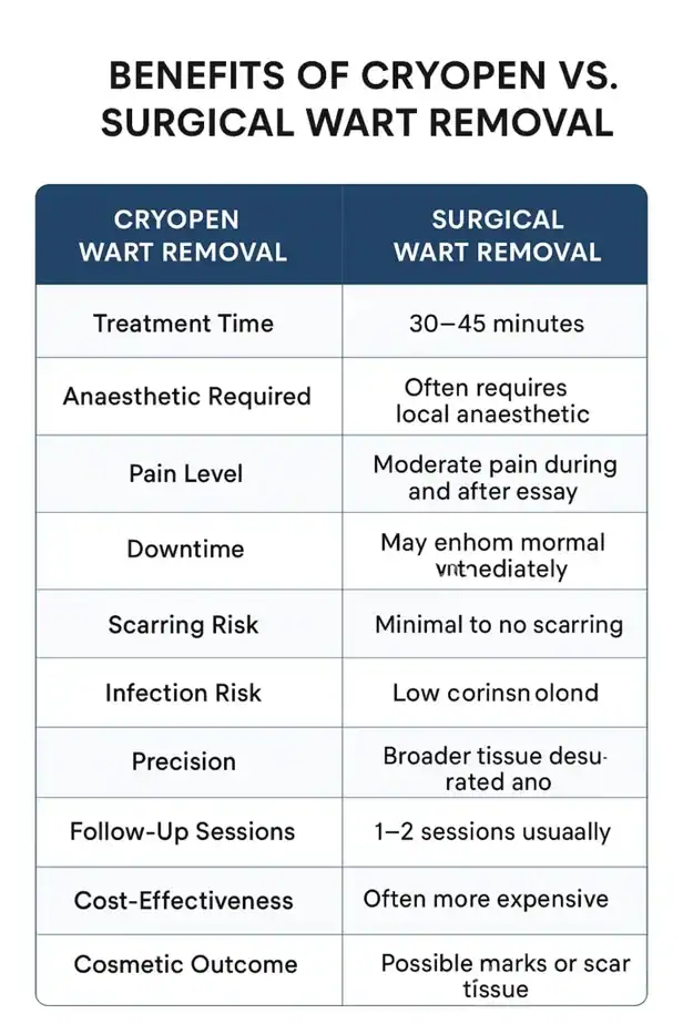 Table showing the benefits of cryopen to remove warts Kings Langley compared to surgical treatment
